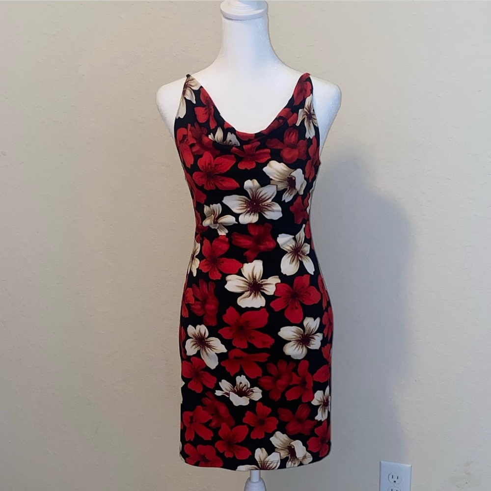 Vintage 90s Black and Red Floral Cowl Neck Minidress. Size Small.